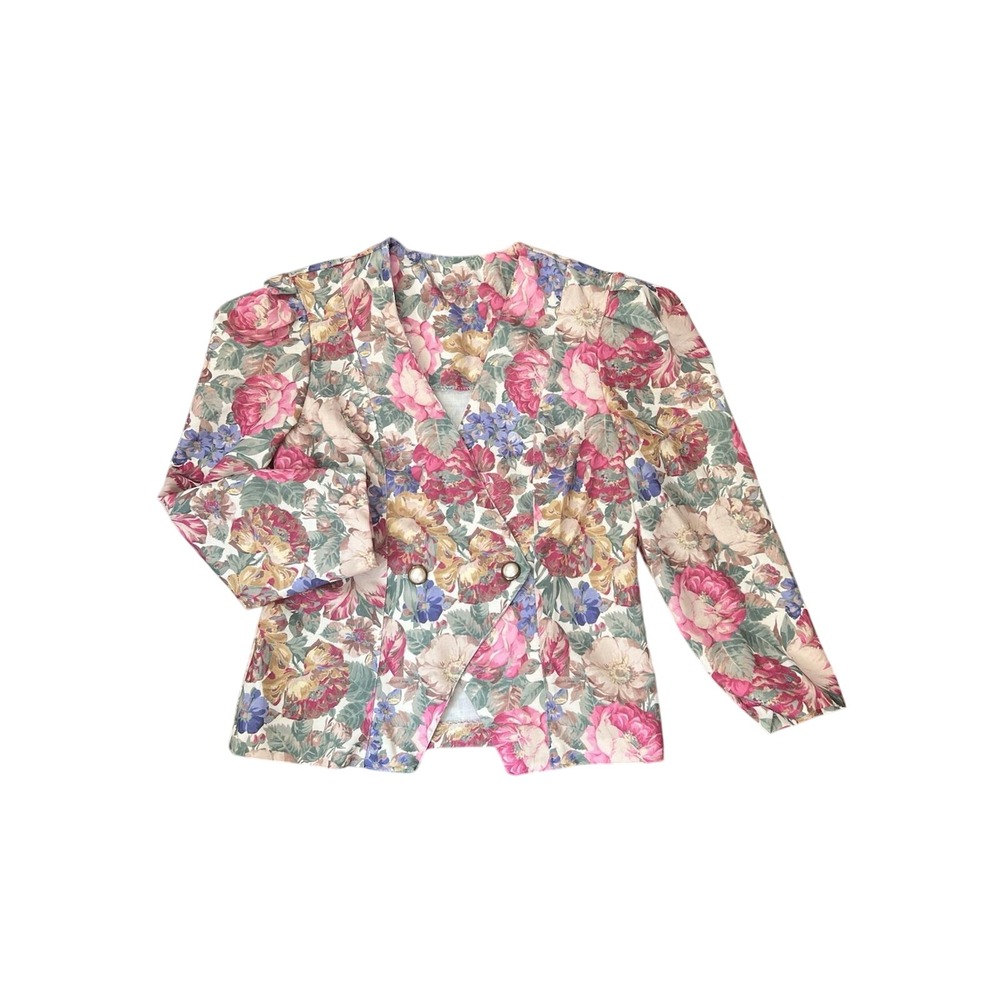 Vtg Blazer Pink Floral Print‎ Statement Piece Pearl Buttons Cottage Grandma Core